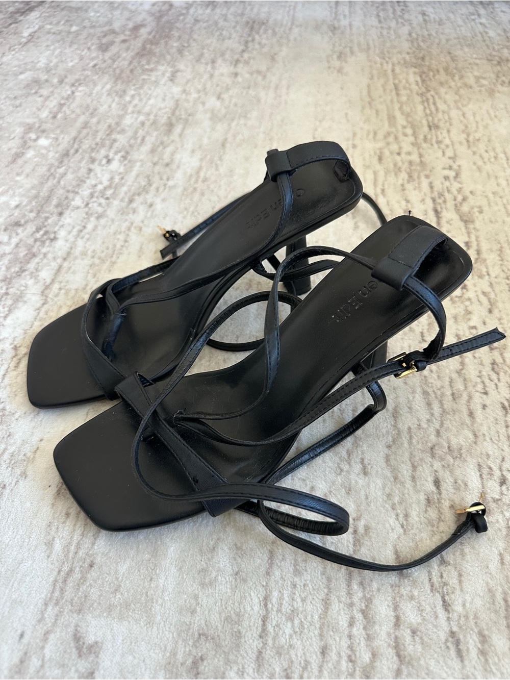 Open Edit Black Strappy Square-Toe High Heel Sandals 2.5inch
